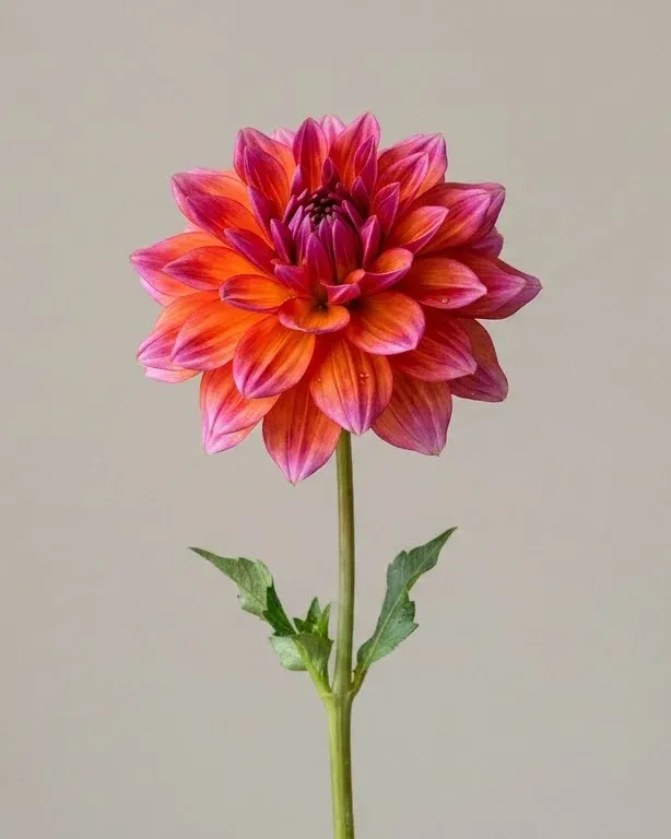 A single orange and pink dahlia on a plain grey background
