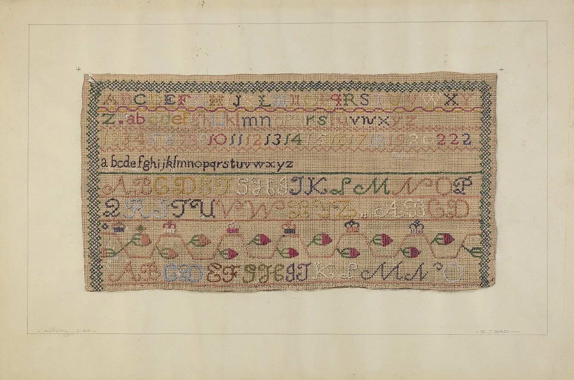 A watercolour record of a stitched alphabet sampler: rows of letters and numbers with a border of crosses and a band of flowers